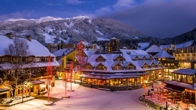 Whistler winter village at dusk. stock photo