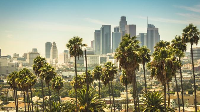 Aerial view of the business district in Downtown of Los Angeles in background from  Lincoln Heights neighborhood.