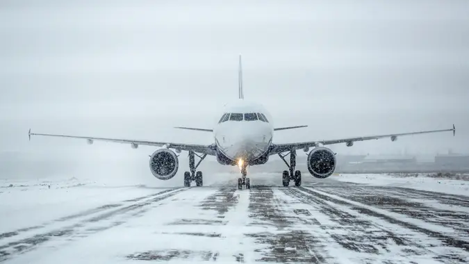 Airliner on runway in blizzard.
