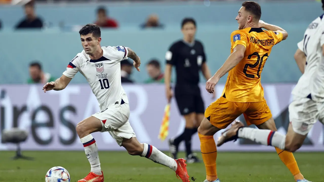 Mandatory Credit: Photo by Hollandse Hoogte/Shutterstock (13648184u)(l-r) Christian Pulisic of United States, Teun Koopmeiners of Holland during the FIFA World Cup Qatar 2022 round of 16 match between the Netherlands and the United States at Khalifa International stadium on December 3, 2022 in al-Rayyan, Qatar.