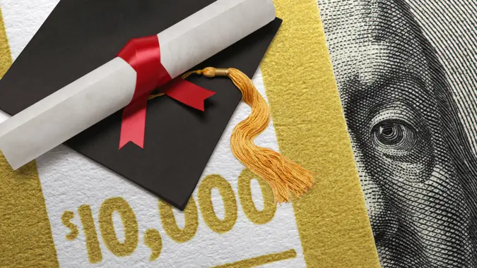 A graduation cap and a rolled up diploma rest on top of a stack of one hundred dollar bills bundled by a $10,000 wrapper.