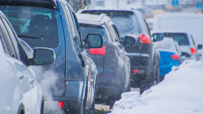 Cars in a traffic jam in winter stock photo