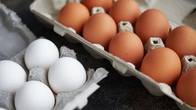 Still life image of brown and white eggs in cardboard egg cartons.