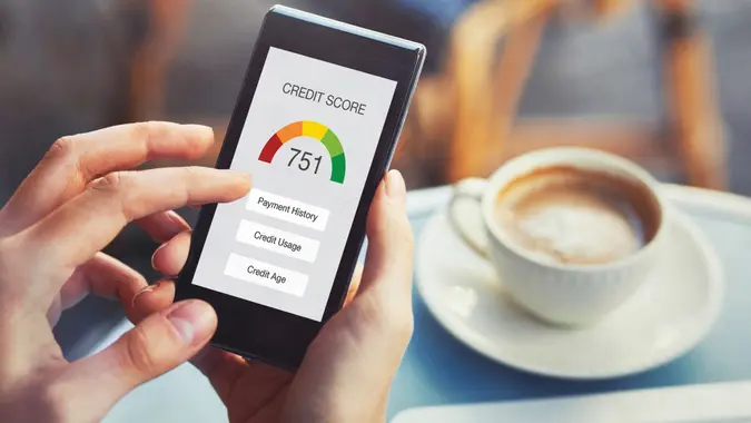 credit score concept on the screen of smartphone, take credit.