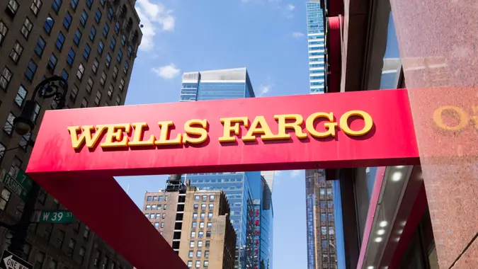 "New York, New York, USA - May 31, 2012: A Wells Fargo sign at a Wells Fargo location in Midtown Manhattan.