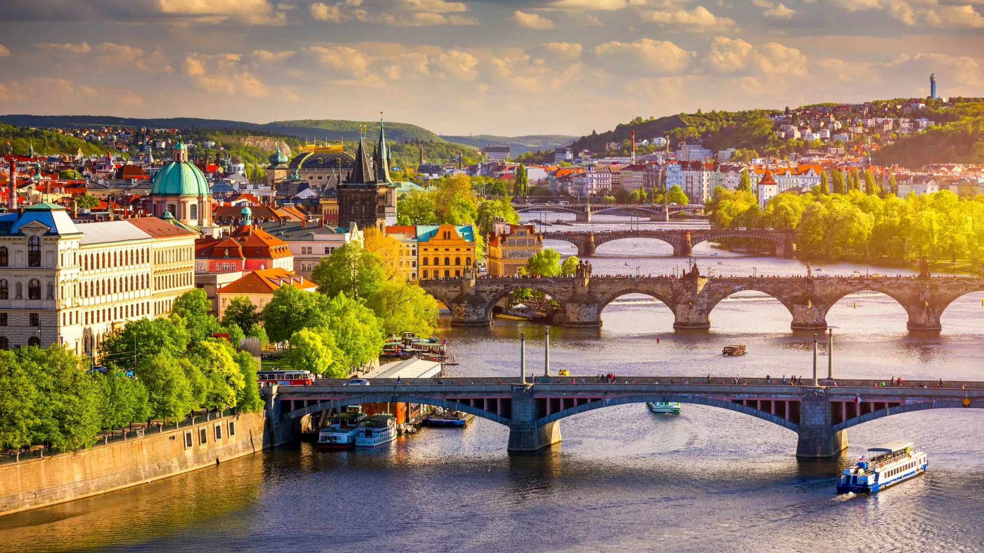 Amazing spring cityscape, Vltava river and old city center from Letna park, Prague, Czechia.