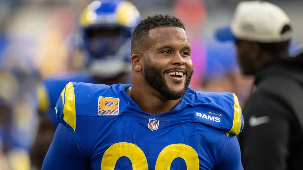 Mandatory Credit: Photo by Kyusung Gong/AP/Shutterstock (13479687dz)Los Angeles Rams defensive tackle Aaron Donald (99) smiles during an NFL football game against the Carolina Panthers, in Inglewood, CalifPanthers Rams Football, Inglewood, United States - 16 Oct 2022.