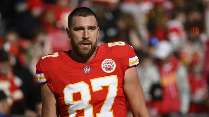 Mandatory Credit: Photo by Reed Hoffmann/AP/Shutterstock (13691176ko)Kansas City Chiefs tight end Travis Kelce during warmups before an NFL football game against the Denver Broncos, in Kansas City, MoBroncos Chiefs Football, Kansas City, United States - 01 Jan 2023.