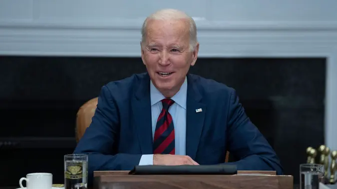 Mandatory Credit: Photo by Shutterstock (13736510q)United States President Joe Biden makes a statement during a meeting with Democratic Congressional leaders at the White House in Washington, DC.
