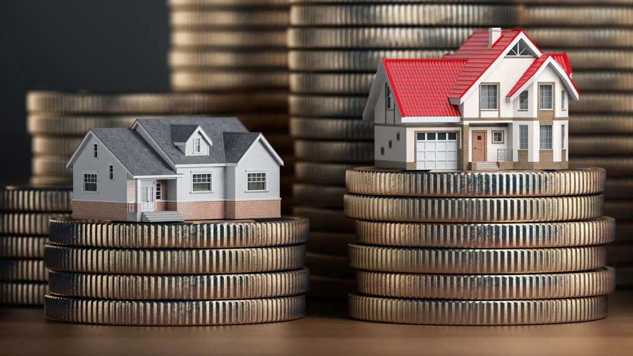 Houses of different size with different value on stacks of coins.