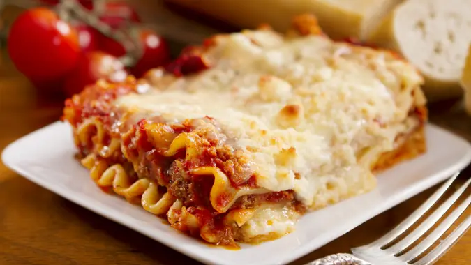 A single serving of freshly made meat and cheese lasagna.