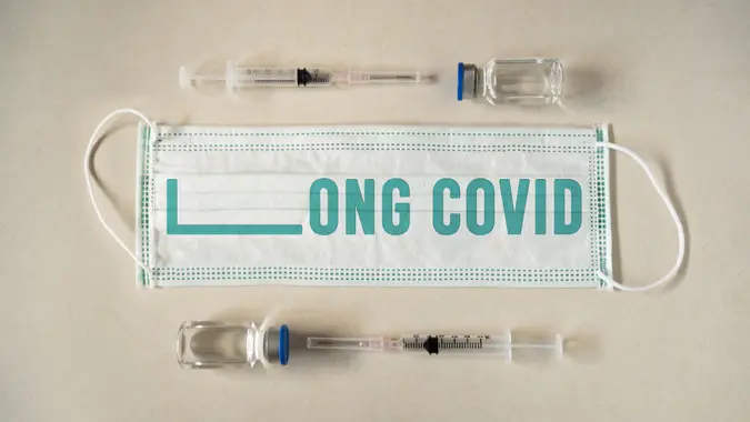 Long Covid word on a long face mask.