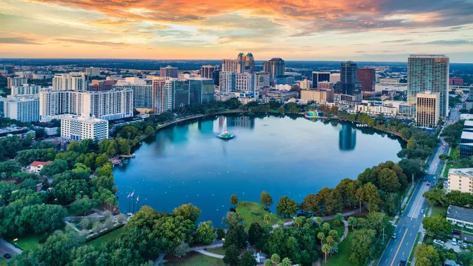 Orlando, Florida, USA Downtown Drone Skyline Aerial stock photo
