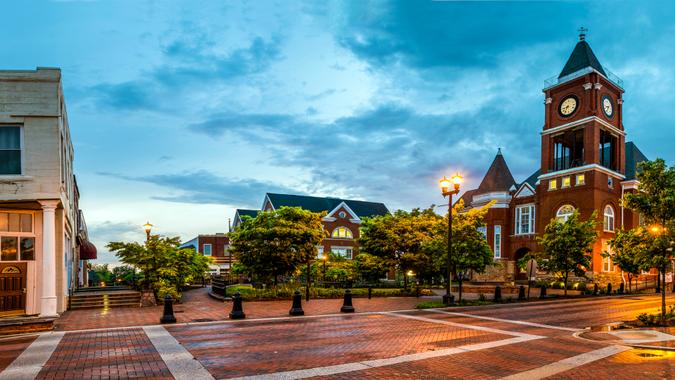 Panoramic view of town square in Dallas, Georgia, after sunset.