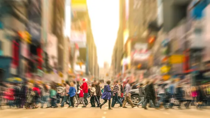 People walking and traffic jam in New York City Manhattan stock photo