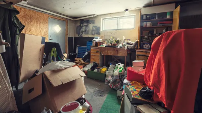 A messy basement / storage room with lots of things.