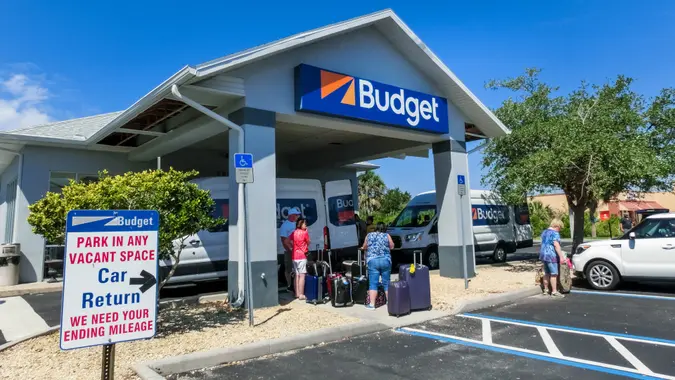 Cape Canaveral, USA - April 29, 2018: Budget logo on rental company.