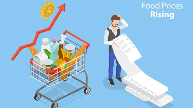 3D Isometric Flat Vector Conceptual Illustration of Food Prices Rising, High Grocery Expenses.