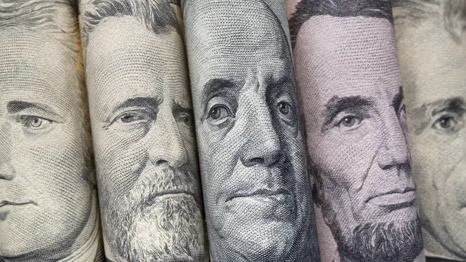 Portraits of U.S. presidents on dollar bills stock photo