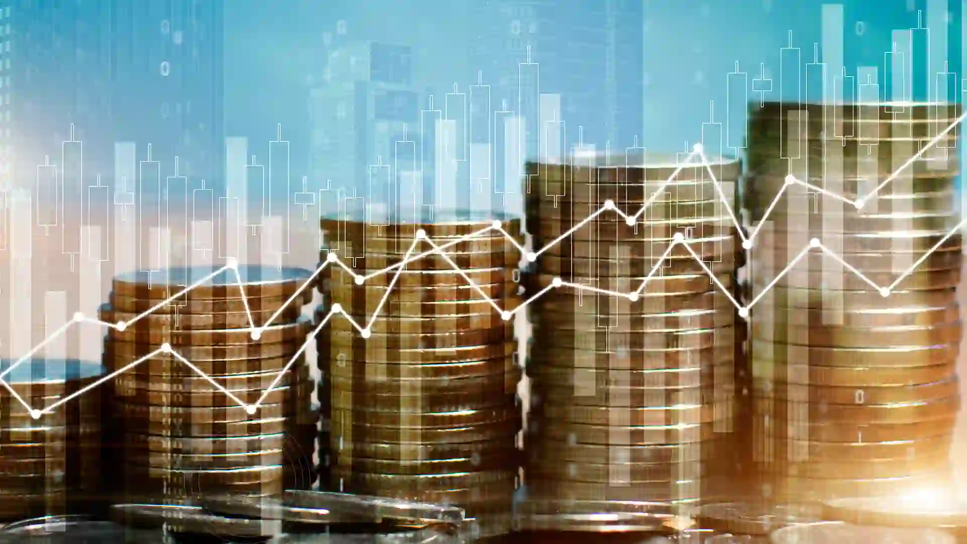 Double exposure of multiple stacks of coins with trading graph for finance investor.