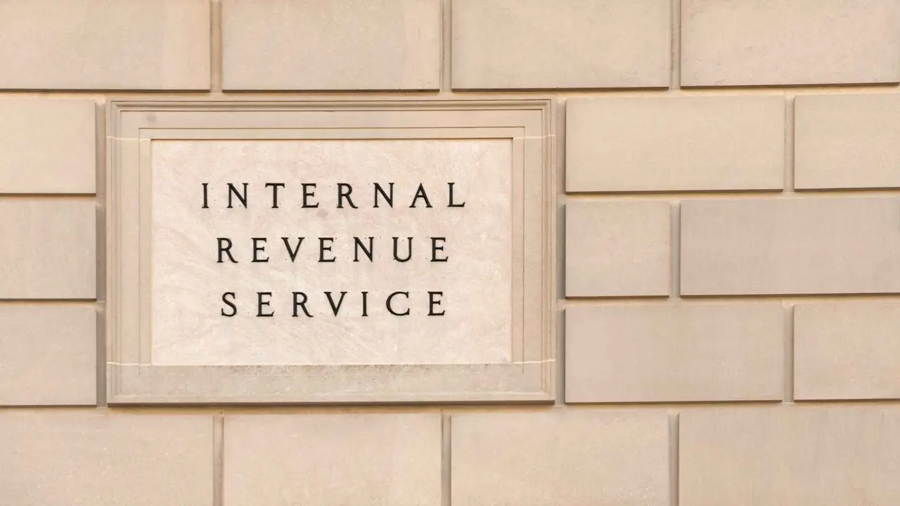 Sign on IRS headquarter building in downtown Washington, DC.