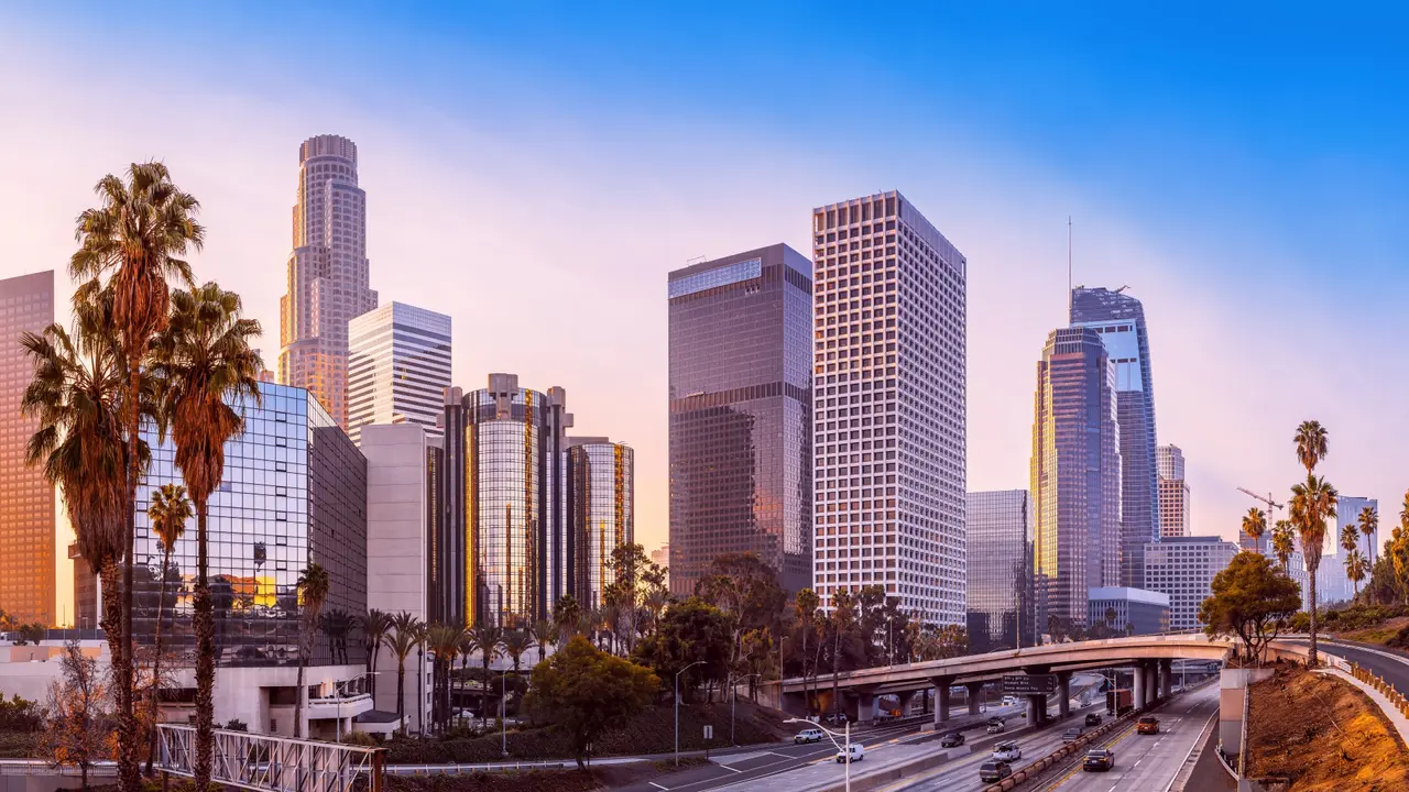 the skyline of los angeles during sunrise.