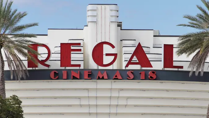 Regal Cinemas with Brinks truck making pickup stock photo