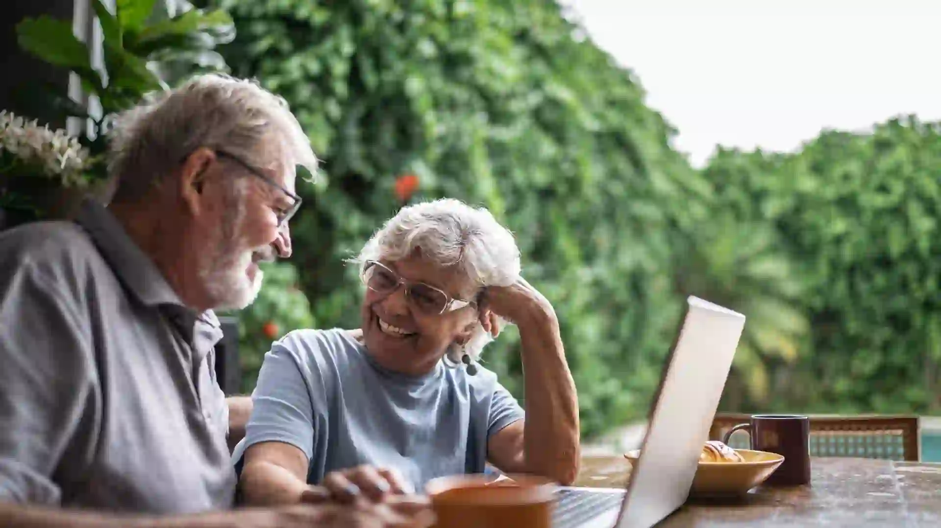 Happy senior couple using the laptop at home.