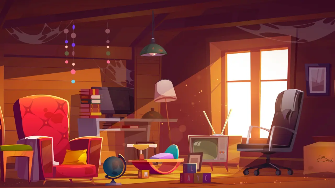 Abandoned attic room with old things, spider webs and dust.