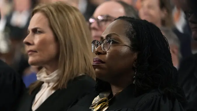 Mandatory Credit: Photo by Jacquelyn Martin/POOL/EPA-EFE/Shutterstock (13758513dw)Justice Amy Coney Barrett (L) and Justice Ketanji Brown Jackson (R) listen as President Joe Biden delivers the State of the Union address to a joint session of Congress at the US Capitol, in Washington, DC, USA, 07 February 2023.