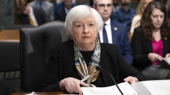 Mandatory Credit: Photo by Bonnie Cash/UPI/Shutterstock (13829611b)Treasury Secretary Janet Yellen prepares before a Senate Finance Committee hearing on President Biden's fiscal year 2024 budget at the U.