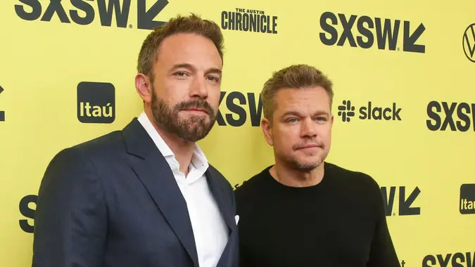 Mandatory Credit: Photo by Jack Plunkett/Invision/AP/Shutterstock (13833708i)Ben Affleck, left, and Matt Damon arrive for the world premiere of "Air," at the Paramount Theatre during the South by Southwest Film & TV Festival, in Austin, Texas2023 SXSW - "Air", Austin, United States - 18 Mar 2023.