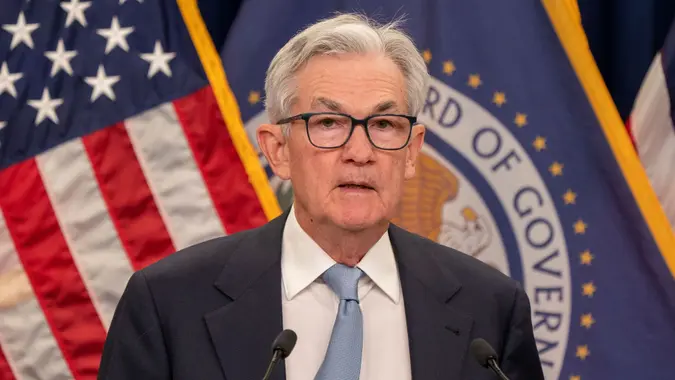 Mandatory Credit: Photo by SHAWN THEW/EPA-EFE/Shutterstock (13840824a)US Federal Reserve Board Chairman Jerome Powell delivers remarks during a press conference following a Federal Open Market Committee meeting at the William McChesney Martin Jr.