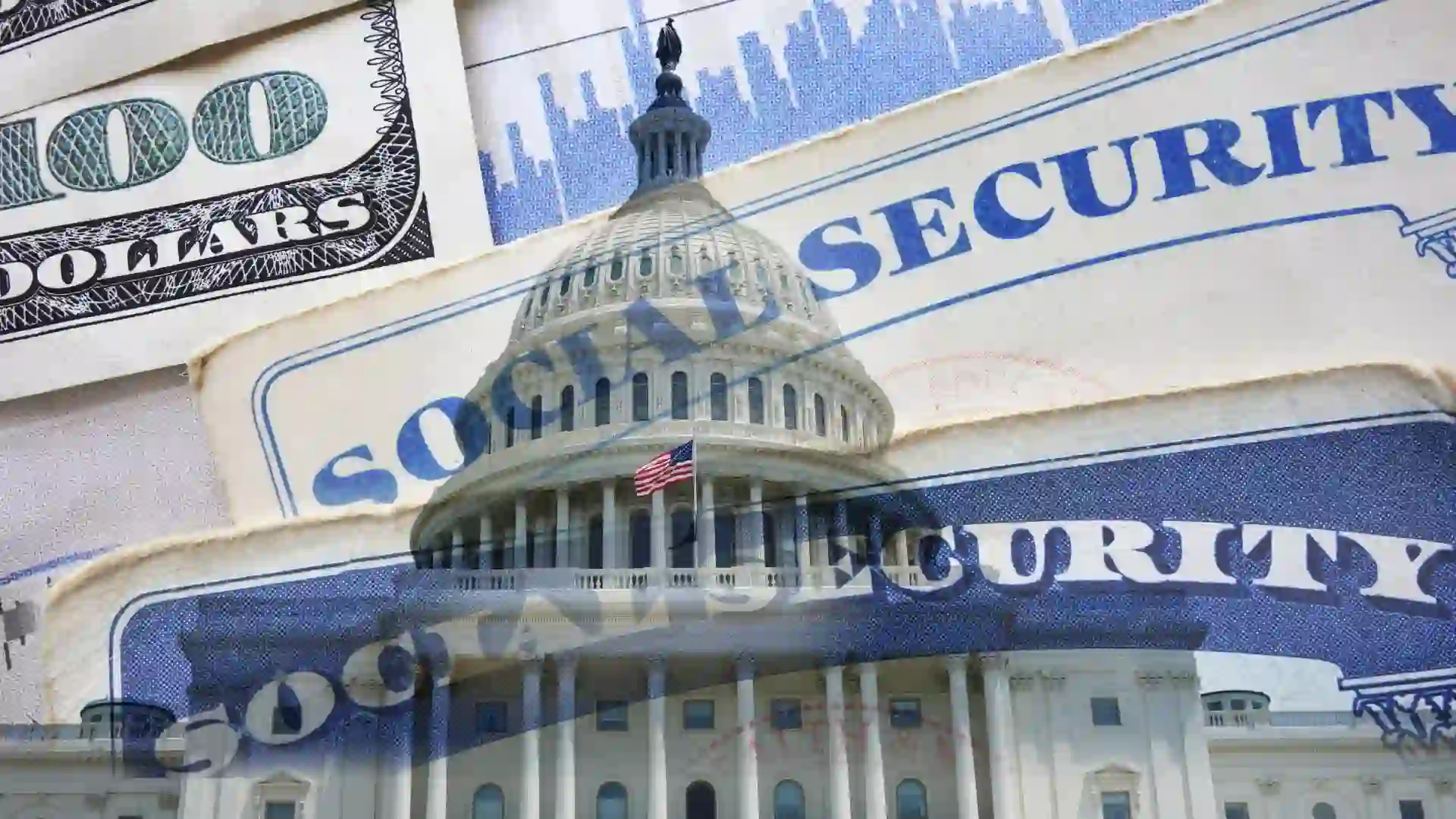 United States capitol in Washington DC with a Social Security card and money.