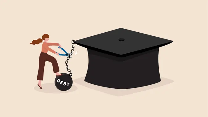 Student loan debt pay off or forgiveness program, cut education expense or reduce fee concept, young adult woman cut chain to relief from student loan debt burden metal ball from graduated mortarboard.
