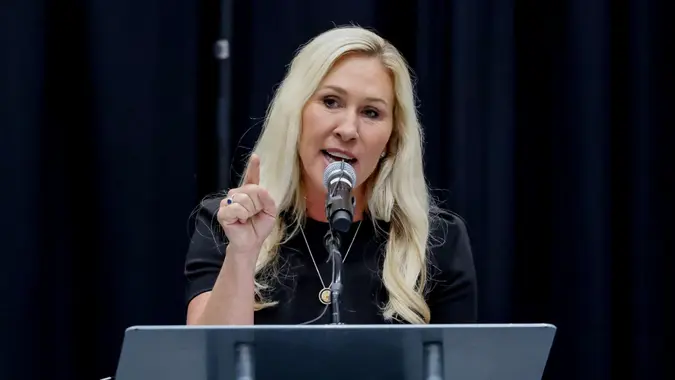 Republican Representative from Georgia Marjorie Taylor Greene participates in her Cobb County Town Hall at the Acworth Community Center in Acworth, Georgia, USA, 15 April 2025.