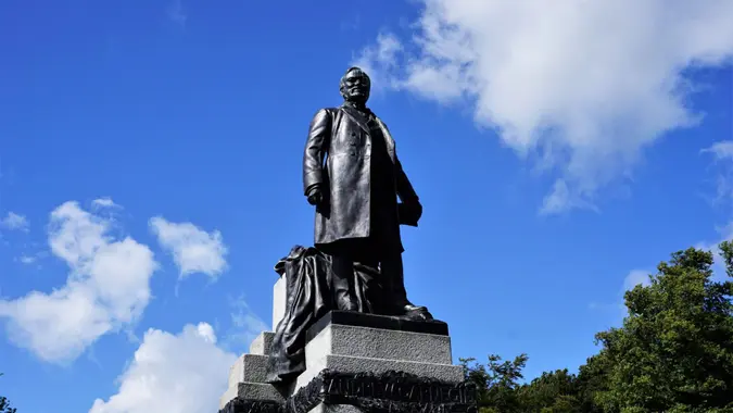 Dunfermline, Scotland - Aug 17, 2017:  Andrew Carnegie was born in Dunfermline in 1835 before migrating to Pittsburgh, USA and making his fortune in the steel industry.