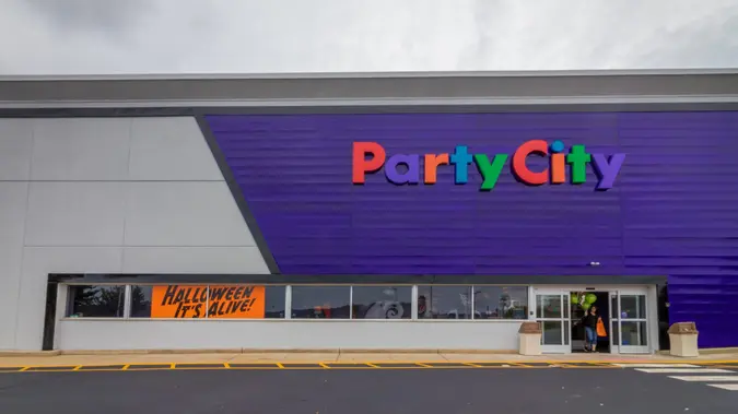 Rockaway, NJ / USA - September 6, 2019: Party City Retail Store in new purple concept design soon to debut Grand Opening.