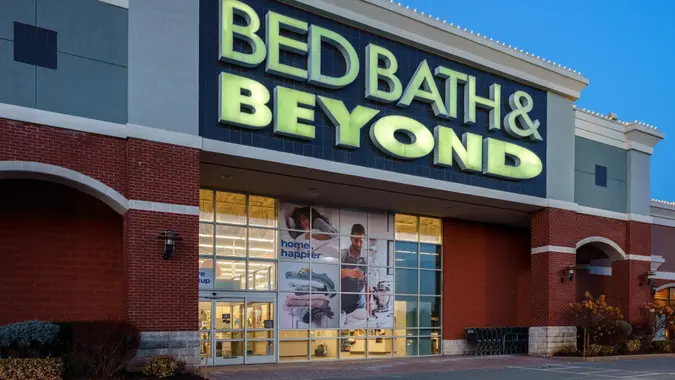 New Hartford, New York - Feb 24, 2022: Closeup View of Bed Bath & Beyond Building Exterior at the Consumer Square in Utica Area.