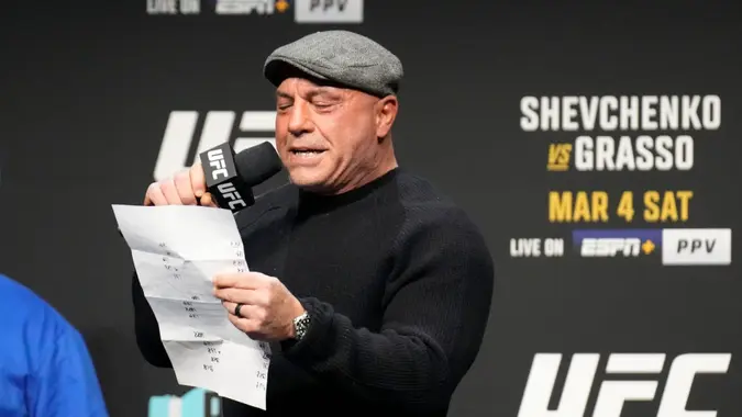 Mandatory Credit: Photo by Louis Grasse/SPP/Shutterstock (13793260bb)LAS VEGAS, NV - March 3: Joe Rogan at the ceremonial weigh-ins at MGM Grand Garden Arena for UFC 285 -Jones vs Gane : Ceremonial Weigh-ins on March 3, 2023 in Las Vegas, NV, United States.