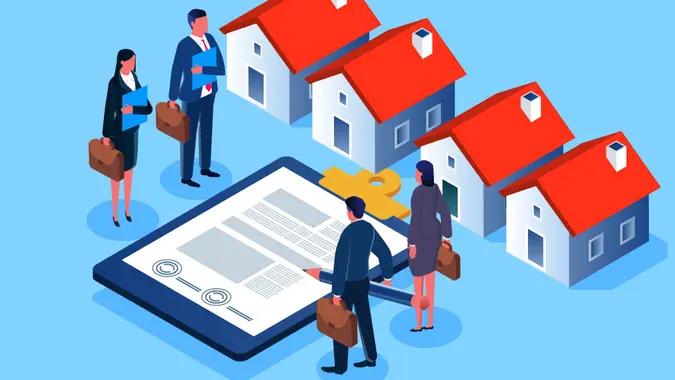 Real estate buying and selling with agents, real estate industry, real estate taxation, home loans or mortgages, buying a house with contract signing, isometric businessmen standing by the house and signing documents.