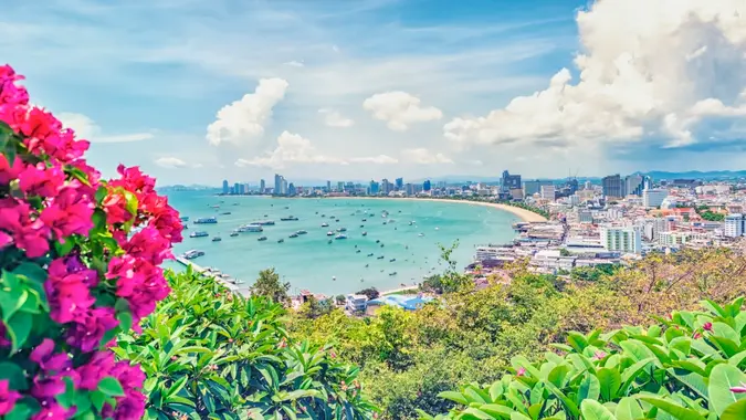 Pattaya city viewed from the hill in the daytime.