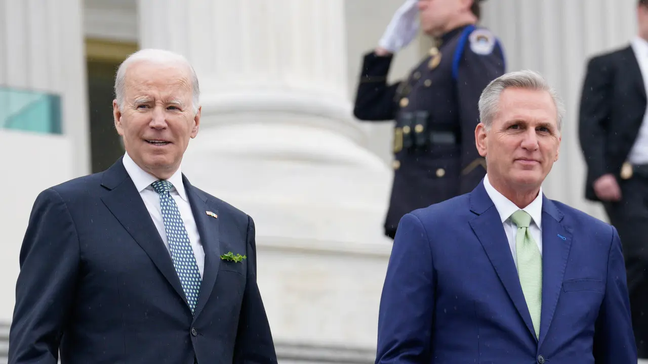 Mandatory Credit: Photo by Shutterstock (13832773m)United States President Joe Biden, Irish Taoiseach Leo Varadkar and Speaker of the US House of Representatives Kevin McCarthy (Republican of California) leave the Friends of Ireland luncheon at the US Capitol in Washington, DC.