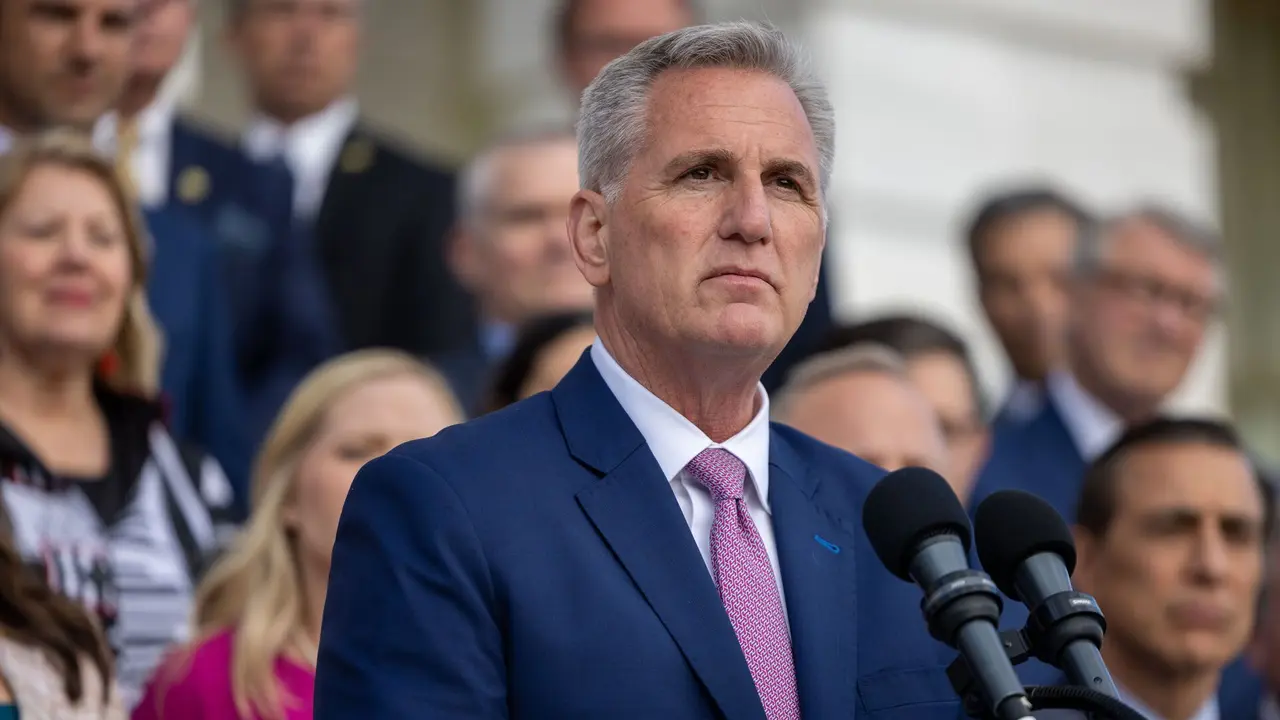 Mandatory Credit: Photo by Nathan Posner/Shutterstock (13875221b)House Speaker Kevin McCarthy (R-CA) speaks at a rally marking the 100th day of Republican control of the House in Washington, DC on April 17th, 2023.