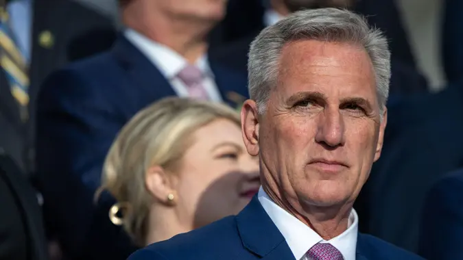 Mandatory Credit: Photo by Nathan Posner/Shutterstock (13875221j)House Speaker Kevin McCarthy (R-CA) is seen at a rally marking the 100th day of Republican control of the House in Washington, DC on April 17th, 2023.