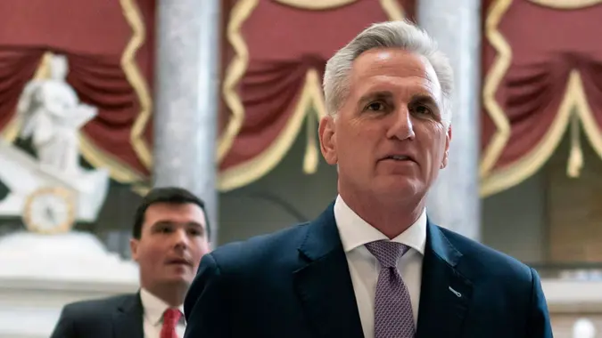Mandatory Credit: Photo by WILL OLIVER/EPA-EFE/Shutterstock (13879254e)Speaker of the House Kevin McCarthy (R) walks inside the US Capitol, in Washington DC, USA, 19 April 2023.