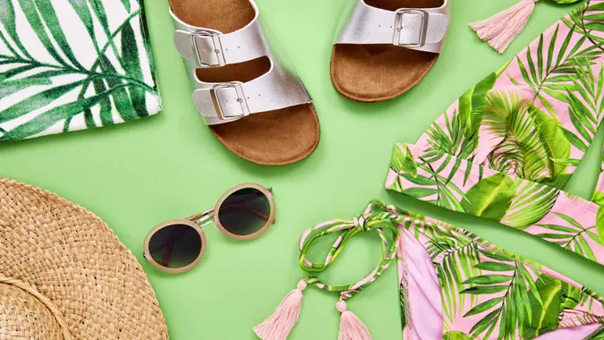 Flat lay shot of summer vacation accessories.