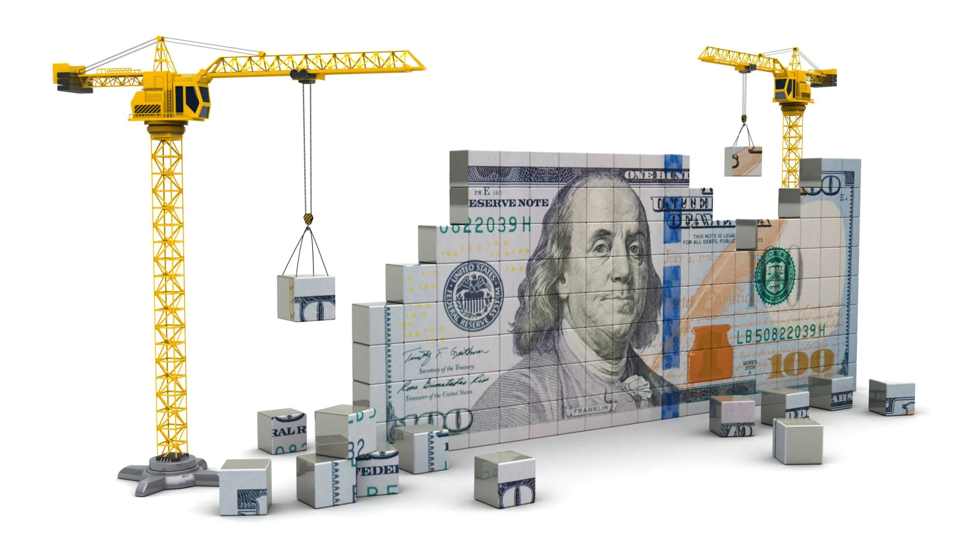 3d illustration of two cranes building 100 dollars.