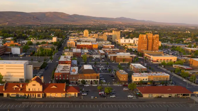 Beautiful light illuminated the downtown urban core city center of Yakima, WA.
