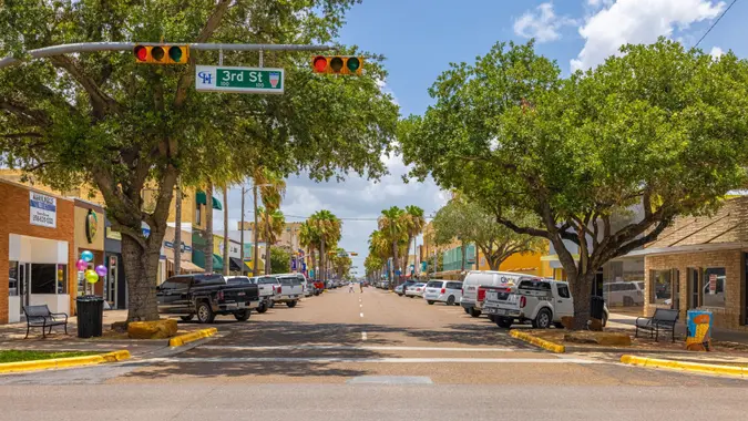 Harlingen, Texas, USA - June 24, 2021: The old business district on Jackson Avenue.